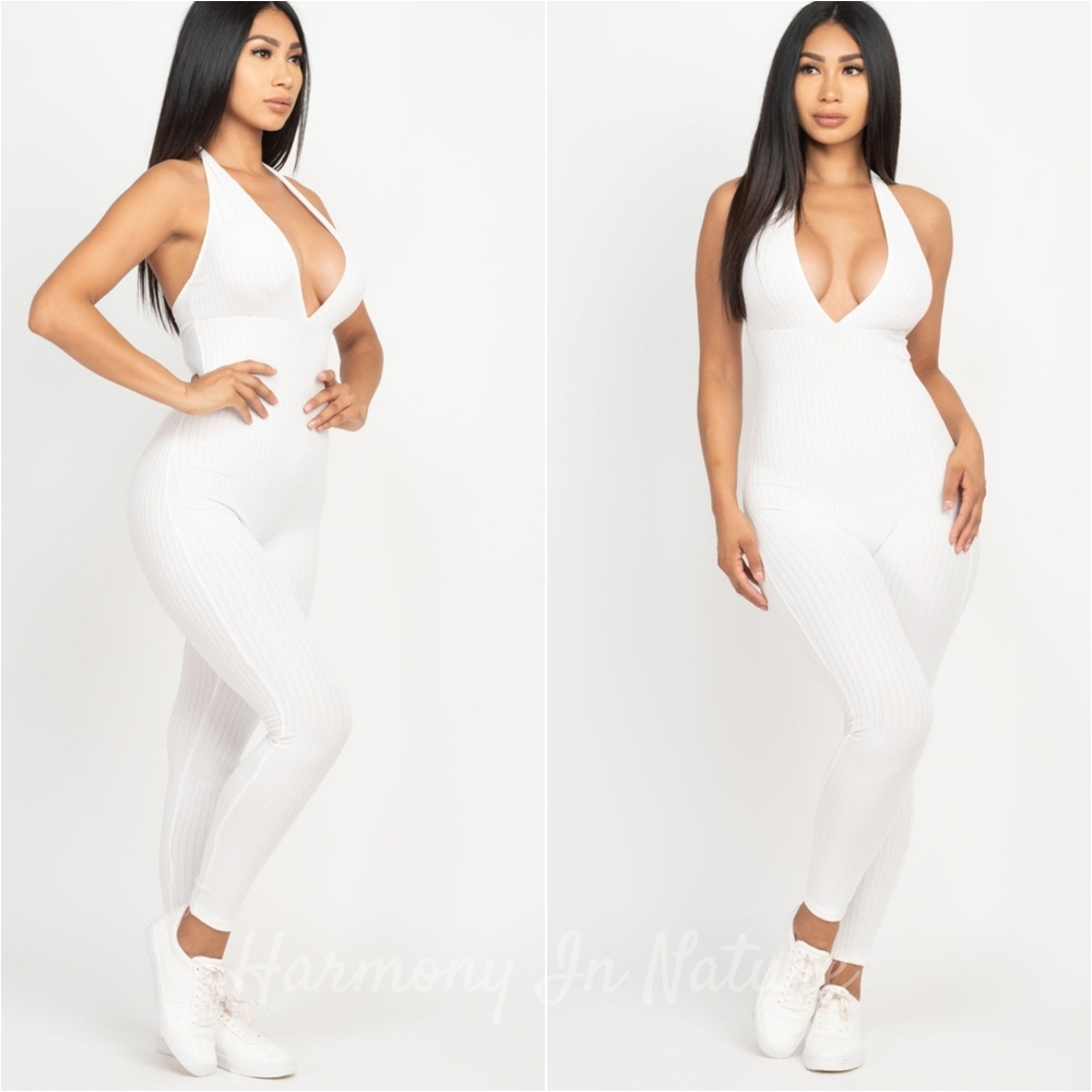 Harmony Deep Dive Bodycon Jumpsuit - White